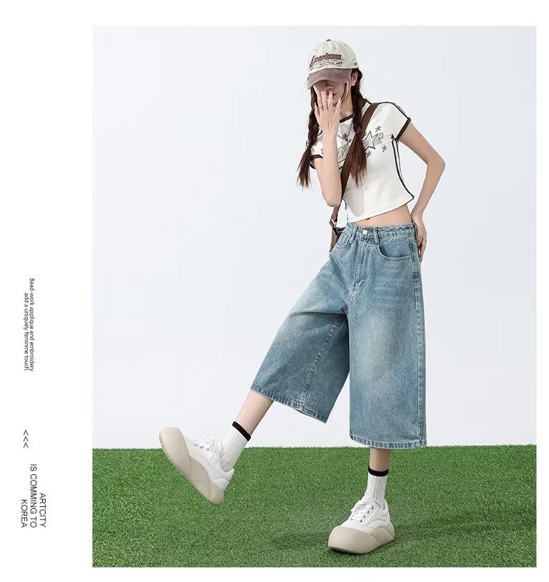 Women's American-style Wide-leg Cropped Jeans Summer