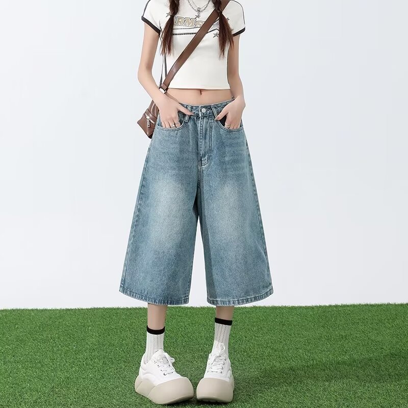 Women's American-style Wide-leg Cropped Jeans Summer