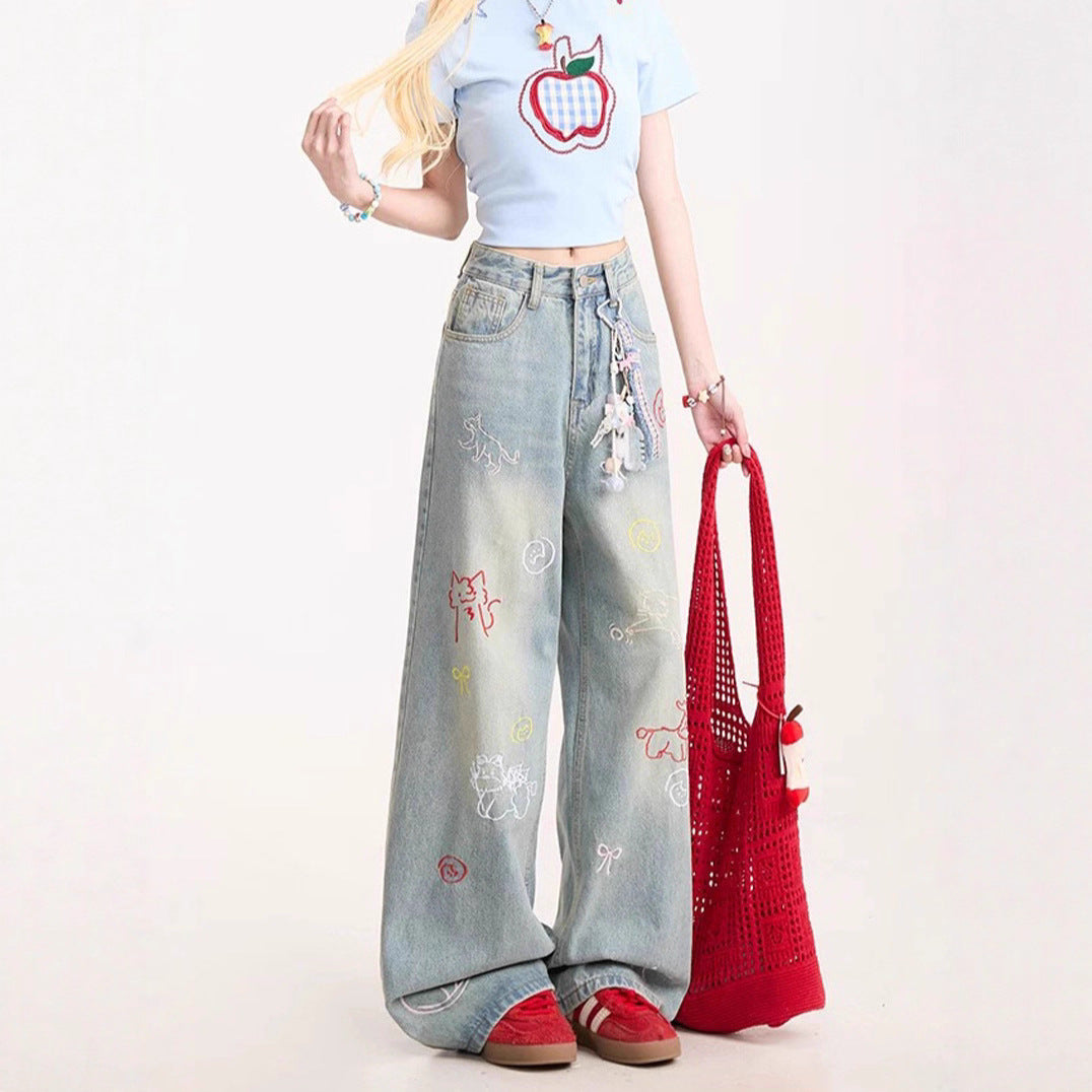 Cartoon Embroidered Jeans For Women