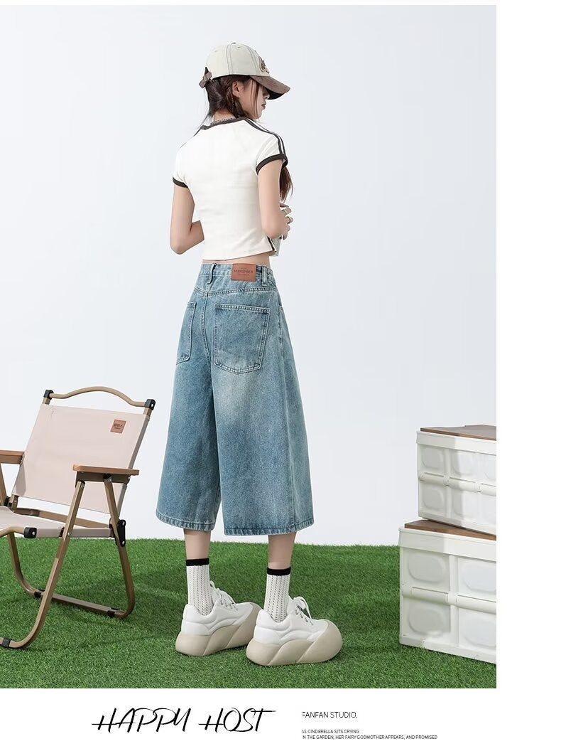 Women's American-style Wide-leg Cropped Jeans Summer