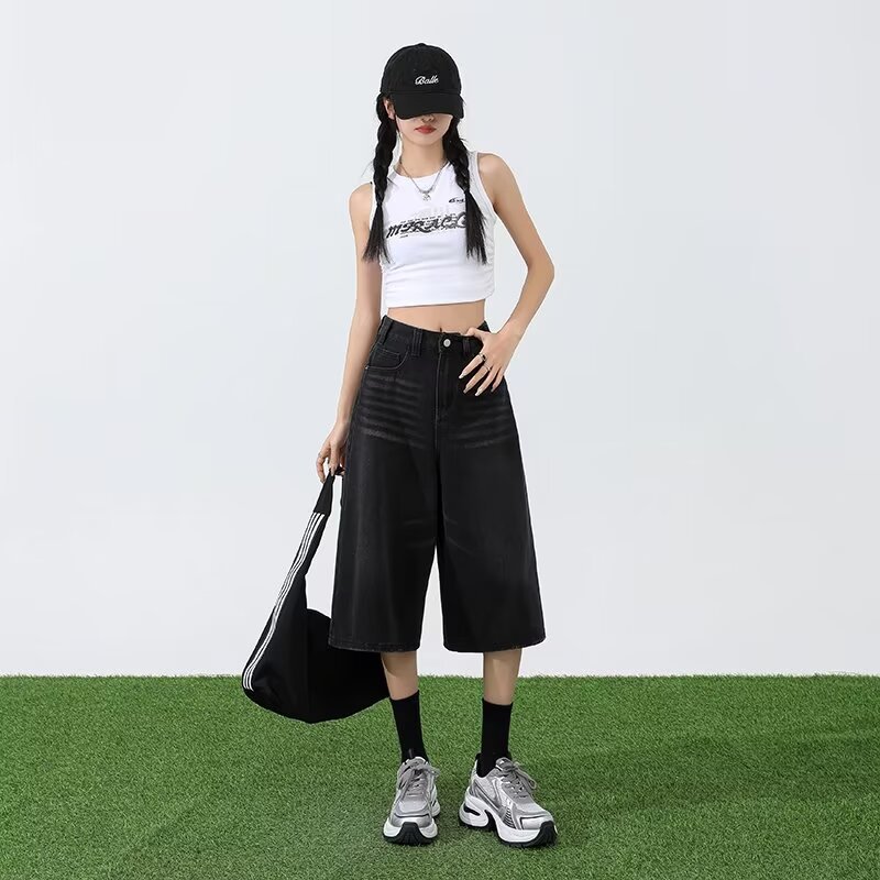 Women's American-style Wide-leg Cropped Jeans Summer