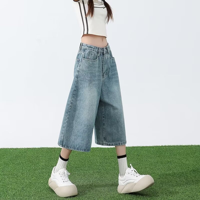 Women's American-style Wide-leg Cropped Jeans Summer