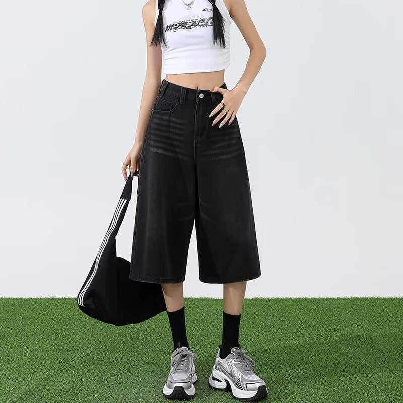 Women's American-style Wide-leg Cropped Jeans Summer
