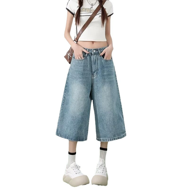 Women's American-style Wide-leg Cropped Jeans Summer