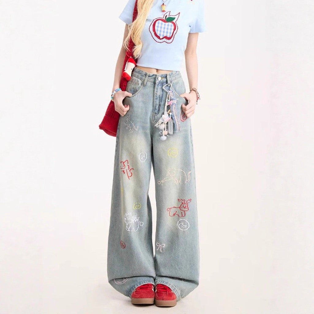 Cartoon Embroidered Jeans For Women
